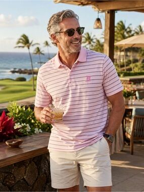 Carnoustie Kapalua Maui Golf Polo Pink Striped Mercerized Cotton Men’s L
